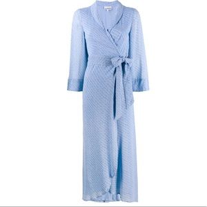 New Ganni Printed Wrap Midi Dress Light Blue